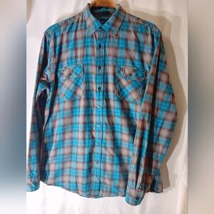 Gap Men's Blue and Brown Plaid Shirt size XL